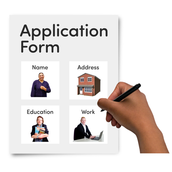 A drawing of a hand completing an application form