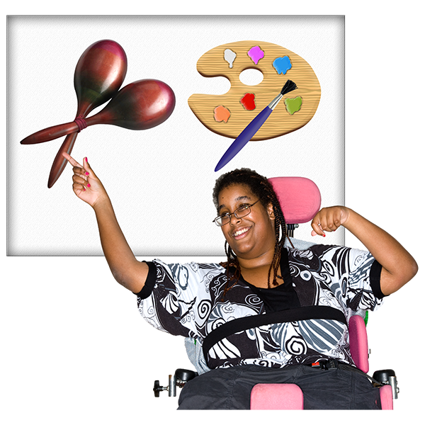 A woman in a wheelchair choosing the activity she wants to do