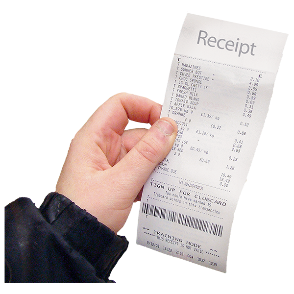 A hand holding a shopping receipt