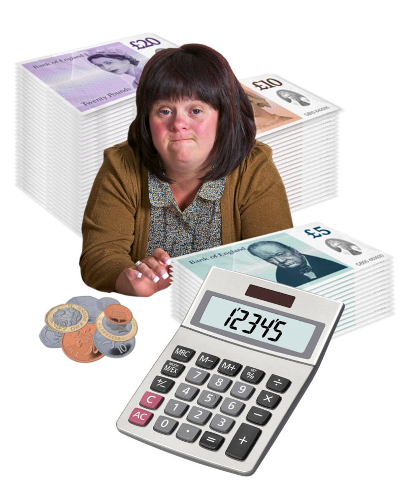 A calculator next to a woman surrounded by money