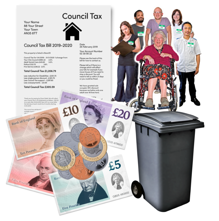 A Council Tax bill next to some money and pictures of a dustbin and a group of care workers