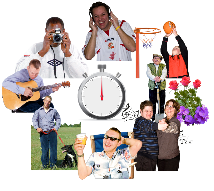 A stop watch in the middle of pictures where people are doing things they enjoy like dancing, relaxing, playing sports and walking the dog
