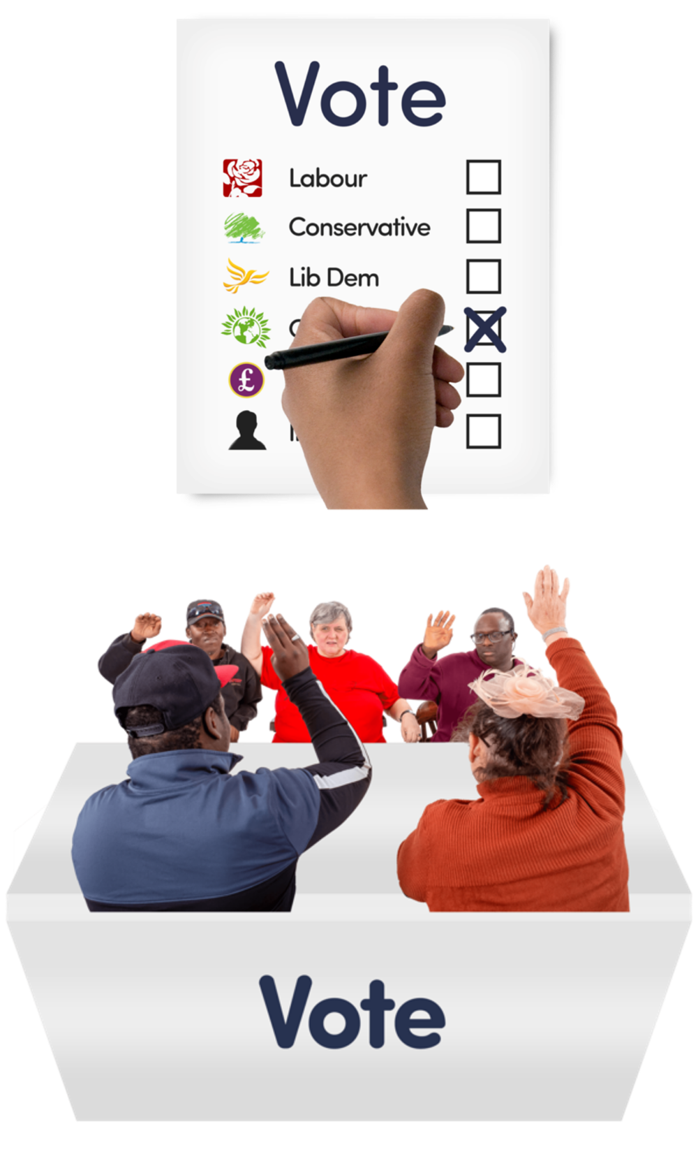 A hand ticking a voting form and a group of people with their hands in the air
