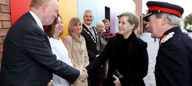 HRH The Countess of Wessex greeting people outside Mencap Centre in Belfast